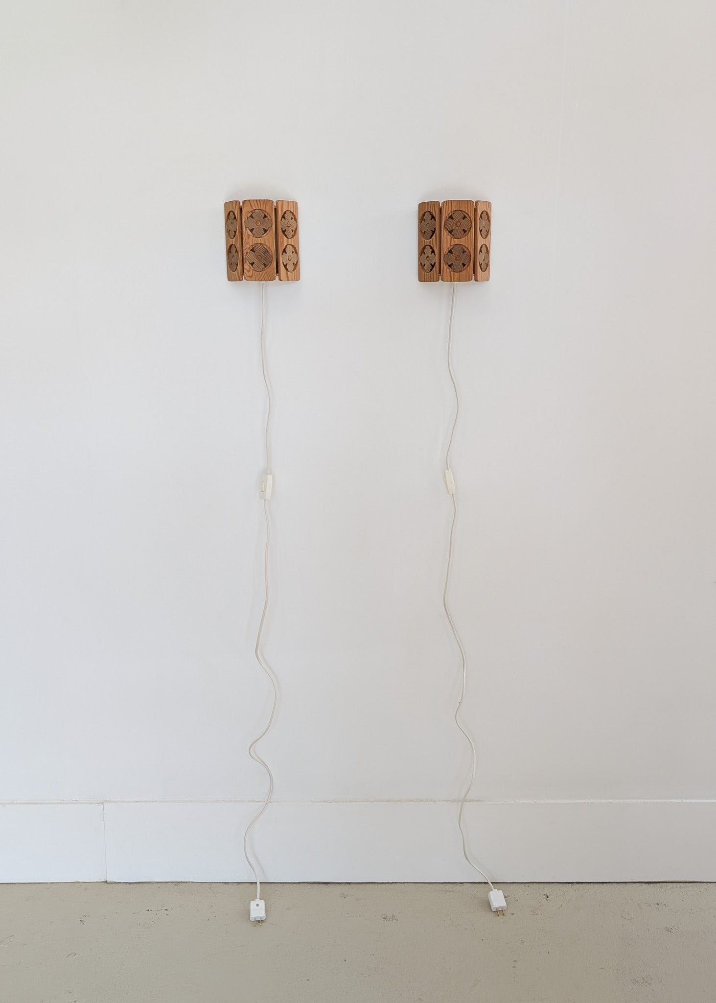 Pair of Vintage Pine Wooden Swedish Wall Sconces with Floral Cutouts Detailing