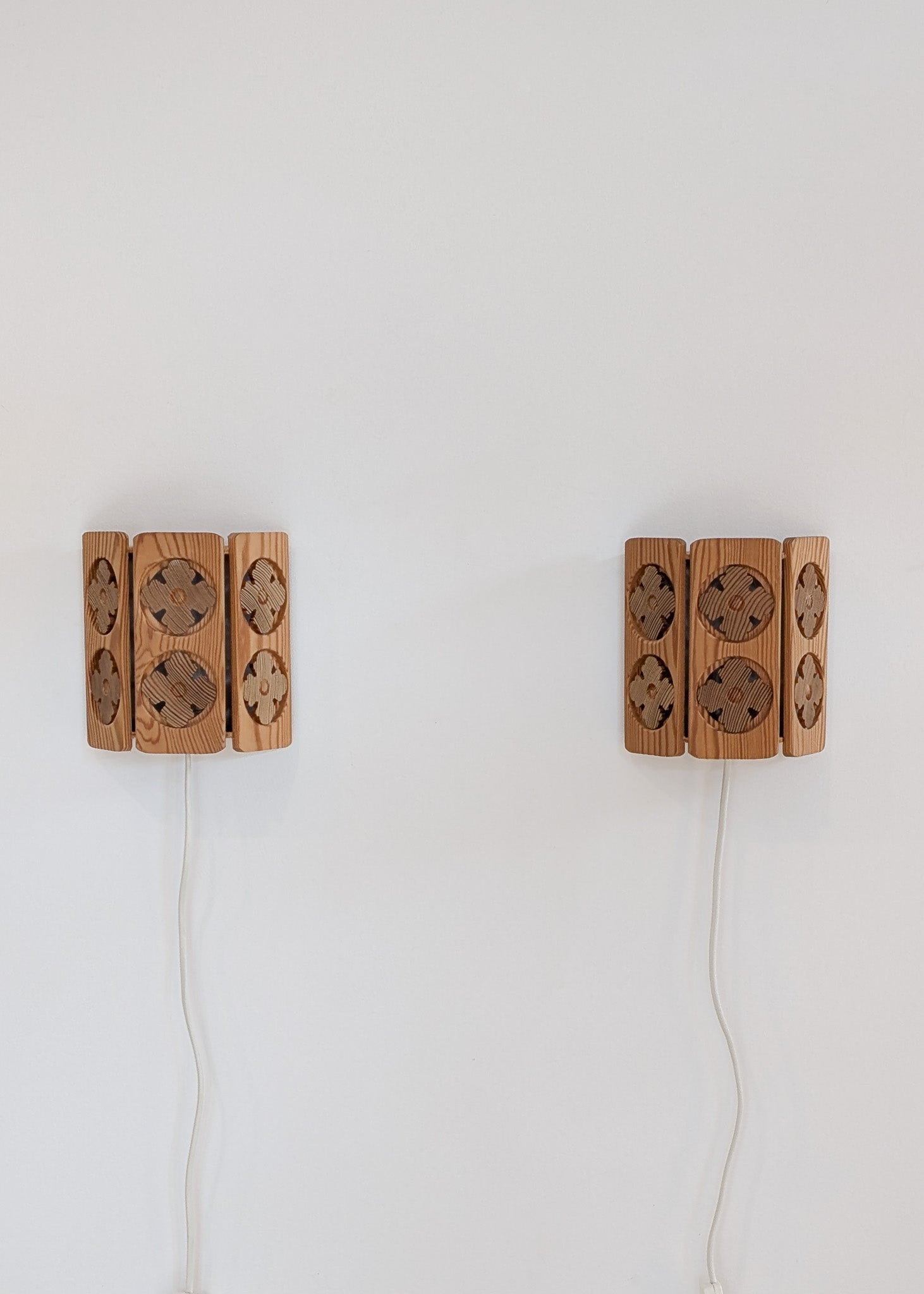 Pair of Vintage Pine Wooden Swedish Wall Sconces with Floral Cutouts Detailing