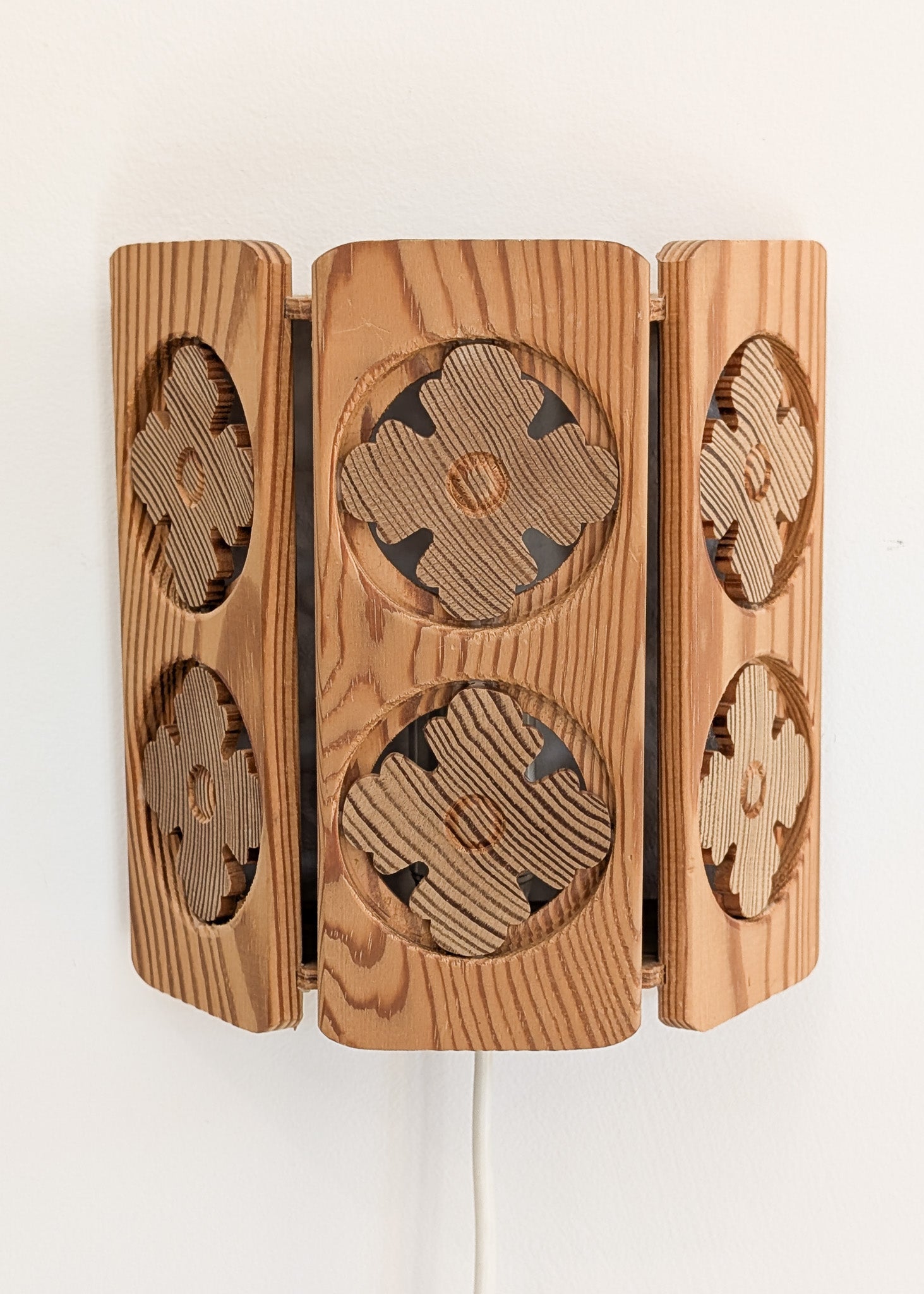 Pair of Vintage Pine Wooden Swedish Wall Sconces with Floral Cutouts Detailing