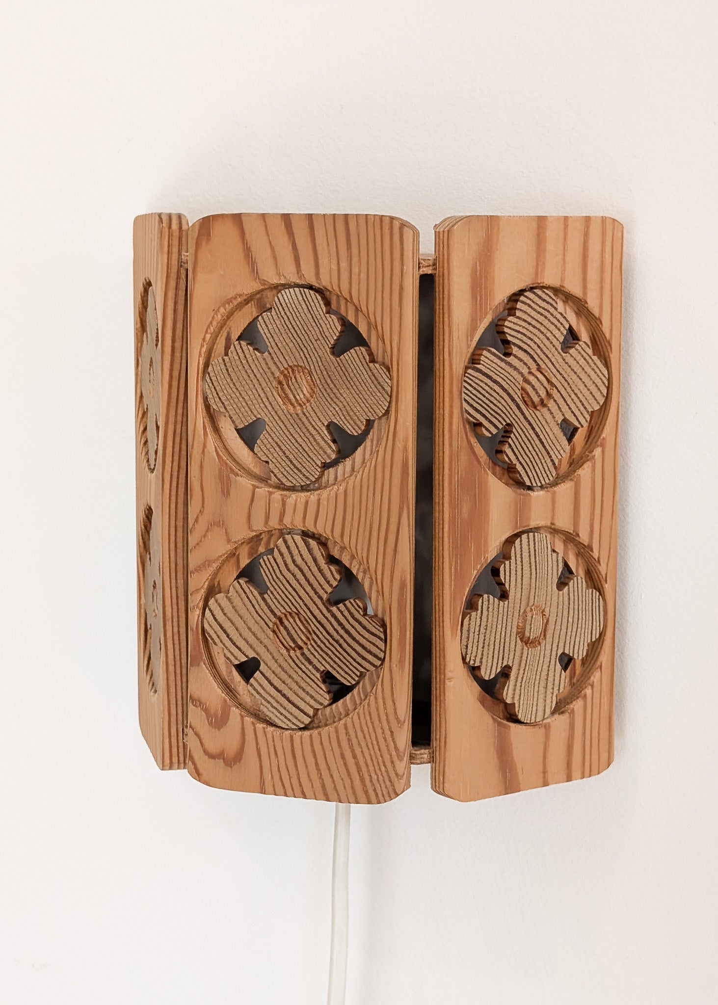 Pair of Vintage Pine Wooden Swedish Wall Sconces with Floral Cutouts Detailing
