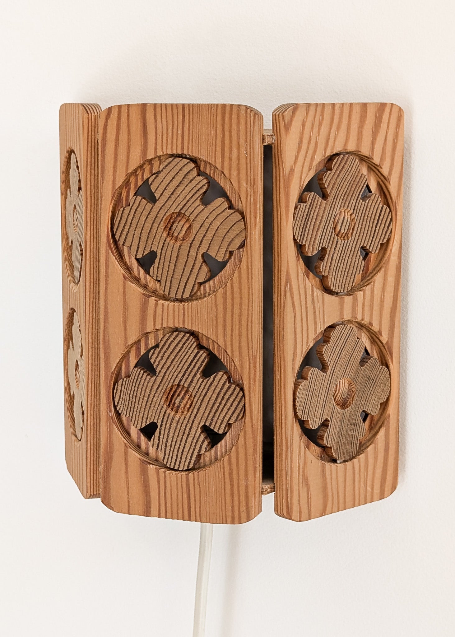 Pair of Vintage Pine Wooden Swedish Wall Sconces with Floral Cutouts Detailing
