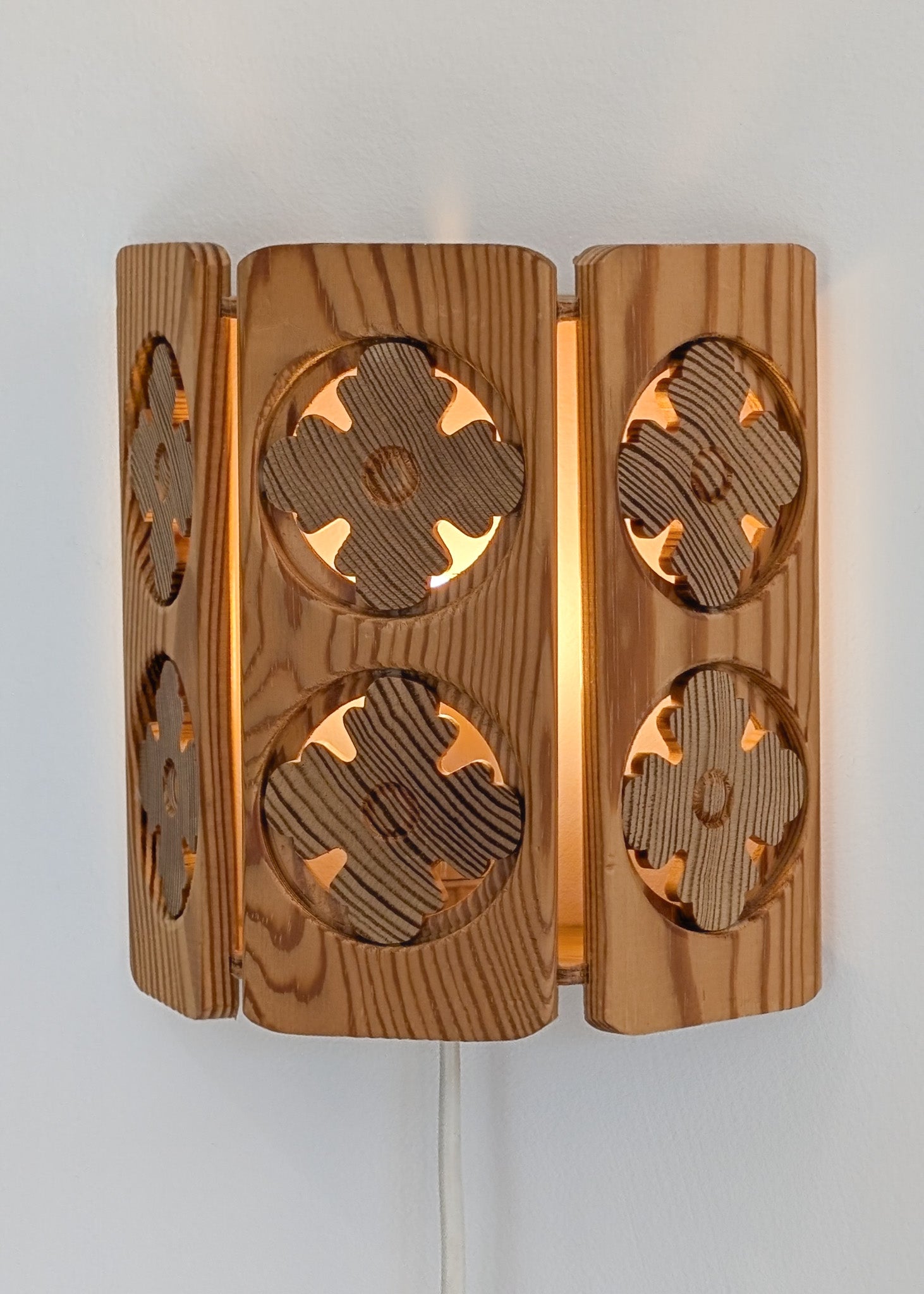 Pair of Vintage Pine Wooden Swedish Wall Sconces with Floral Cutouts Detailing
