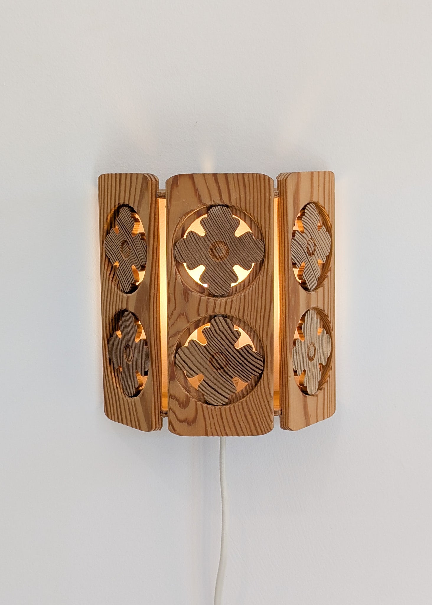 Pair of Vintage Pine Wooden Swedish Wall Sconces with Floral Cutouts Detailing