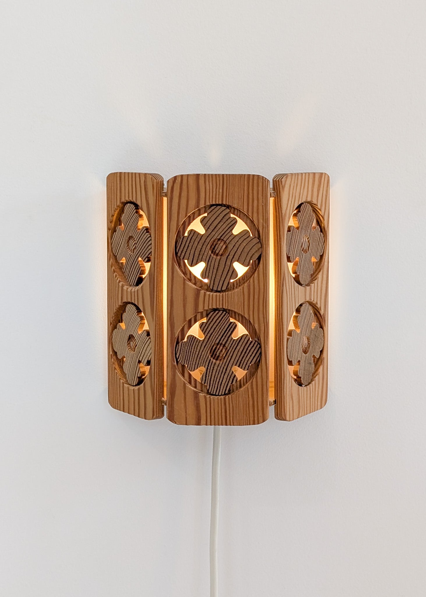 Pair of Vintage Pine Wooden Swedish Wall Sconces with Floral Cutouts Detailing