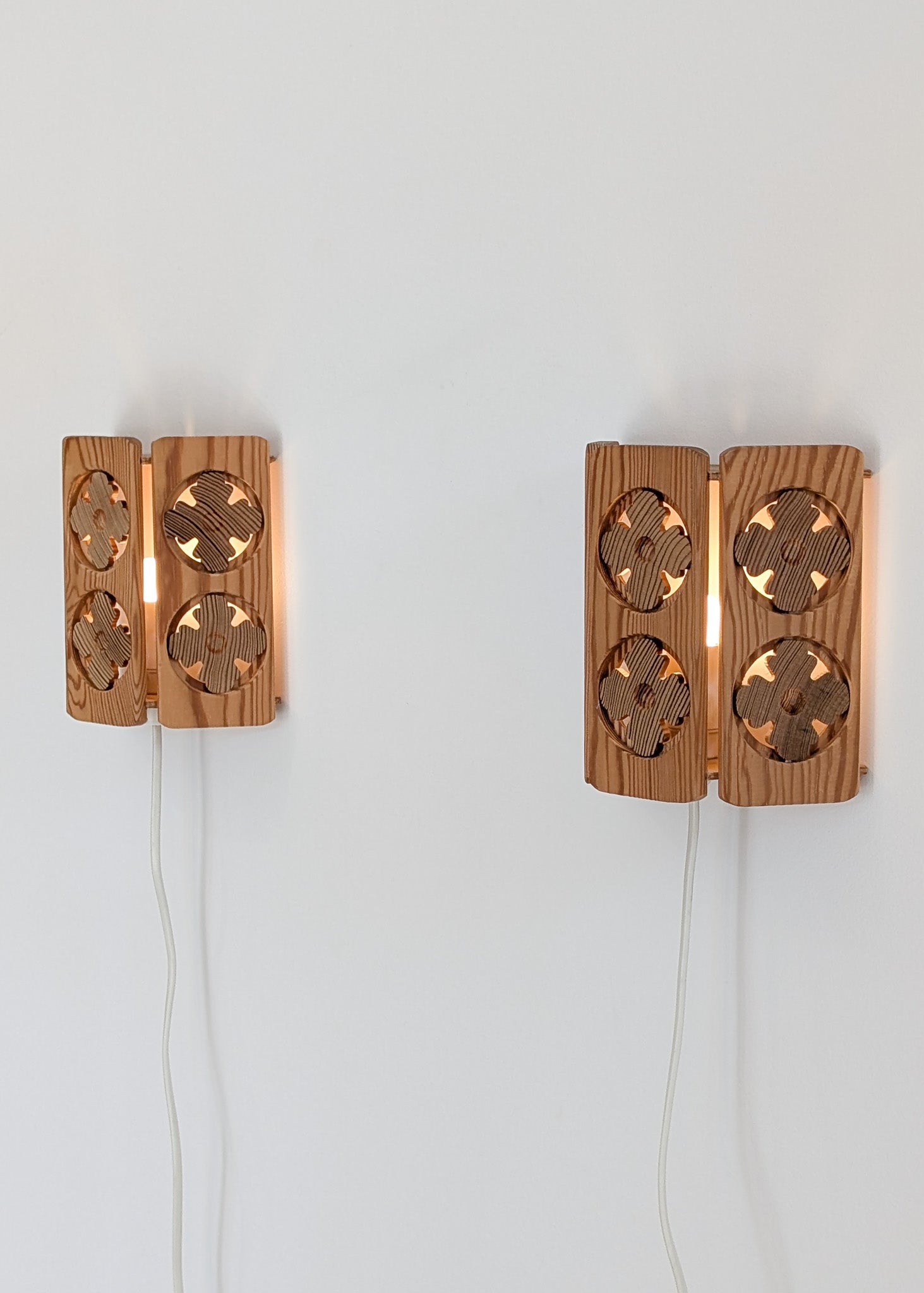 Pair of Vintage Pine Wooden Swedish Wall Sconces with Floral Cutouts Detailing