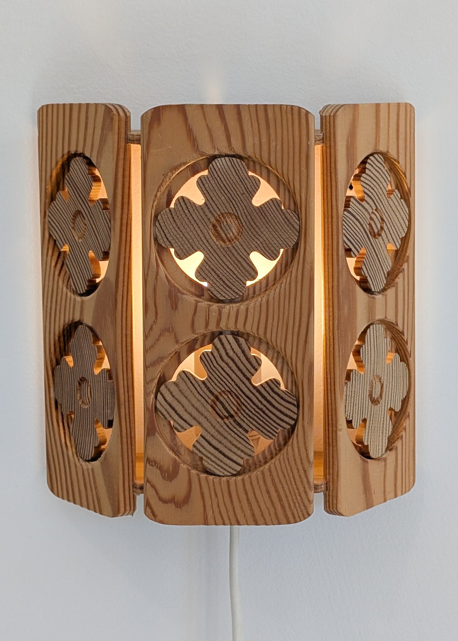 Pair of Vintage Pine Wooden Swedish Wall Sconces with Floral Cutouts Detailing