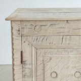 Antique European Bleached Oak Cabinet or Side Table with Hand-Carved Floral Detailing and Original Key