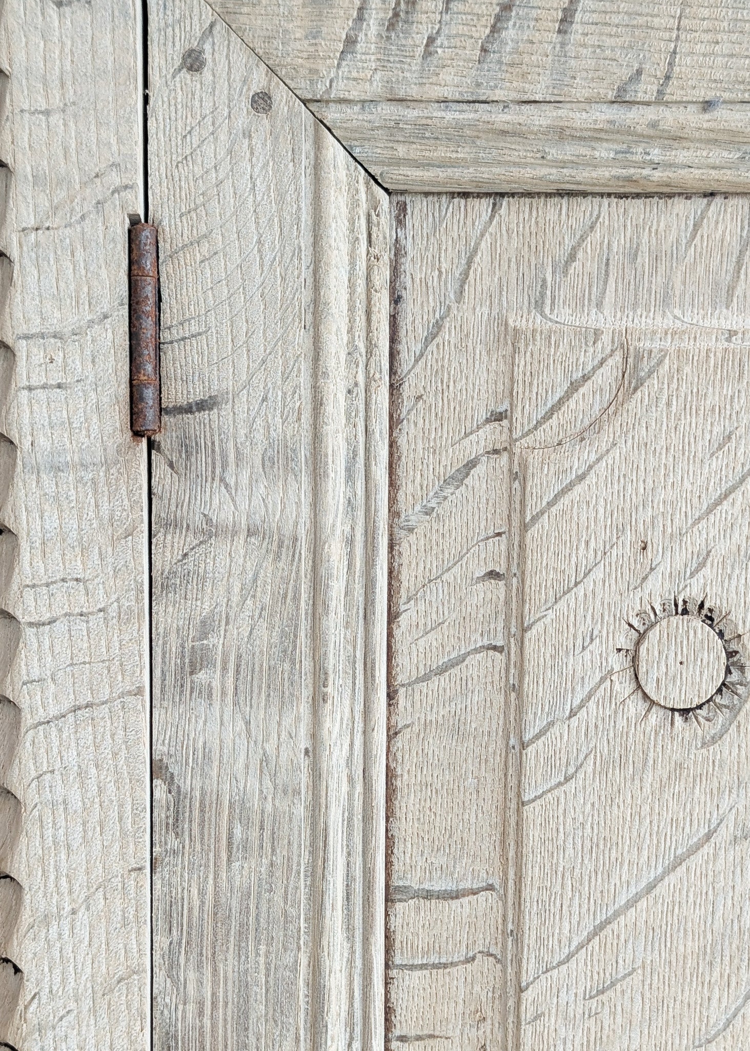 Antique European Bleached Oak Cabinet or Side Table with Hand-Carved Floral Detailing and Original Key