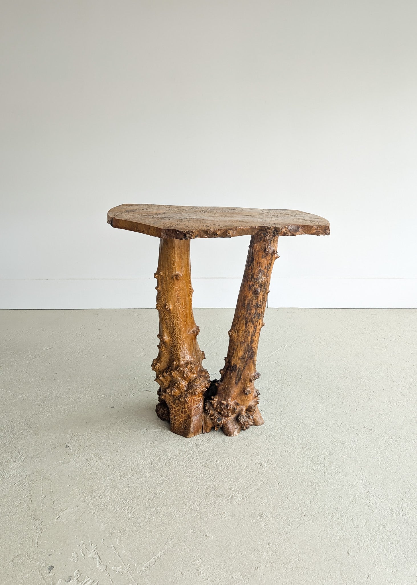 Vintage Burl Wood Console or Tall Side Table with Burl Root Base