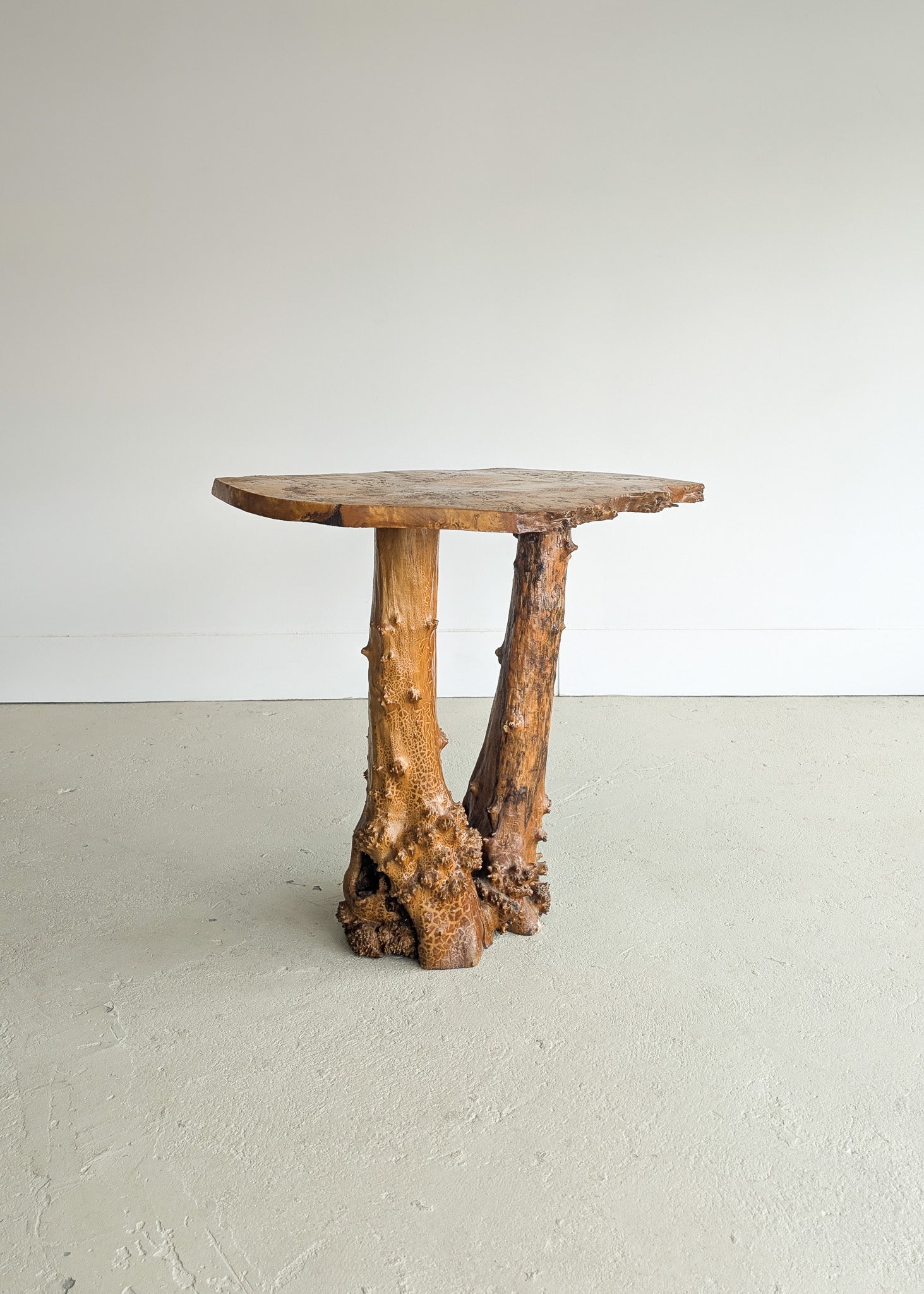 Vintage Burl Wood Console or Tall Side Table with Burl Root Base