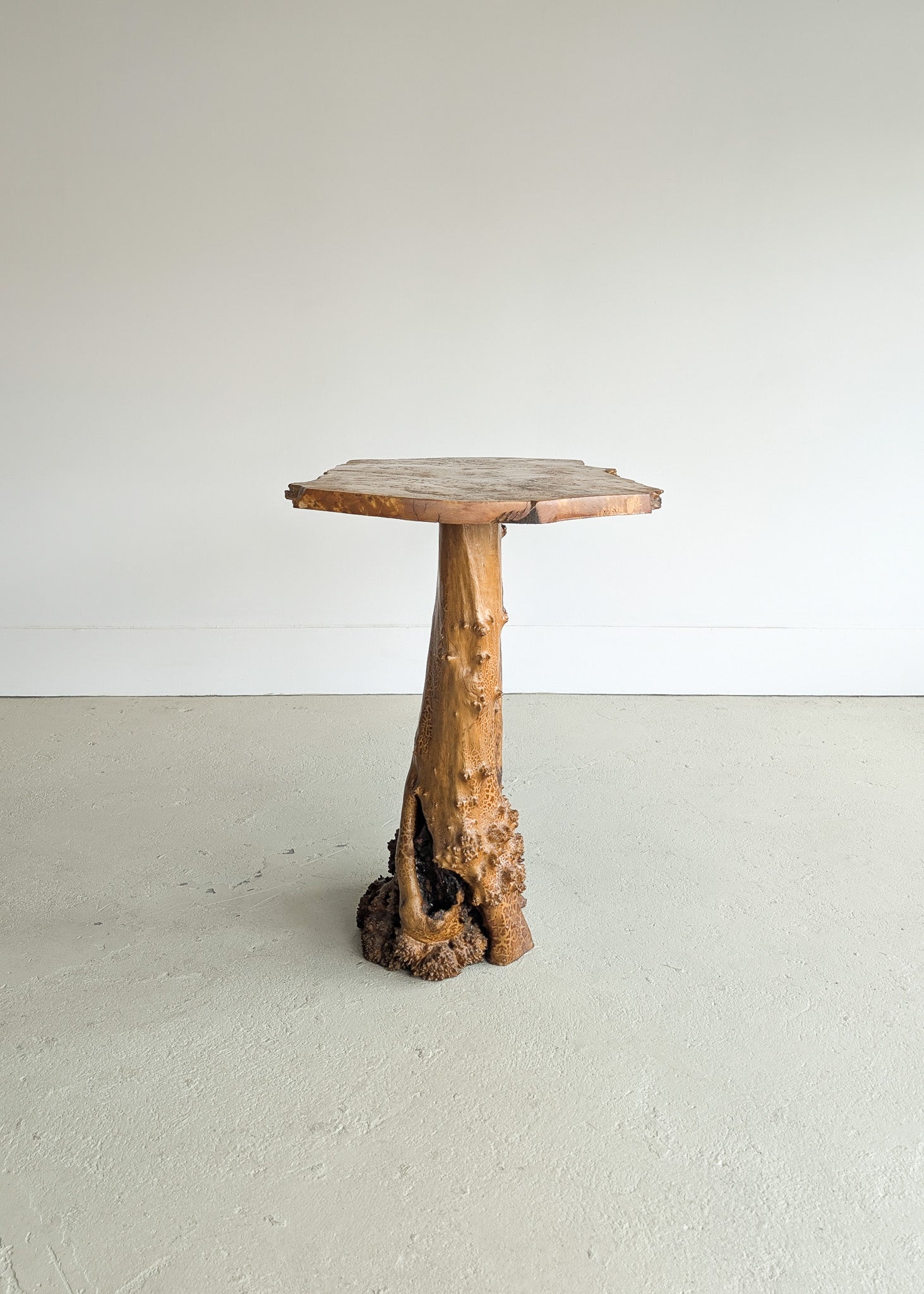 Vintage Burl Wood Console or Tall Side Table with Burl Root Base