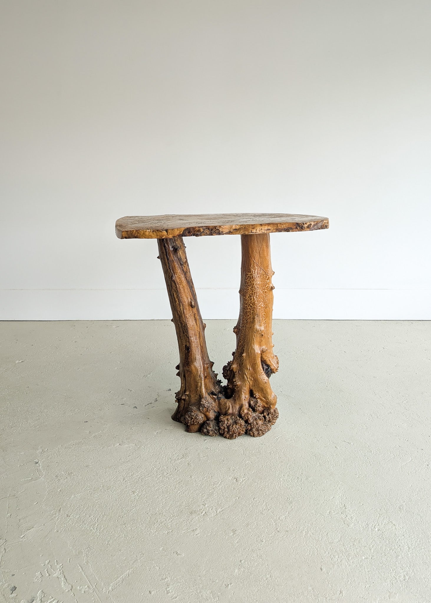 Vintage Burl Wood Console or Tall Side Table with Burl Root Base