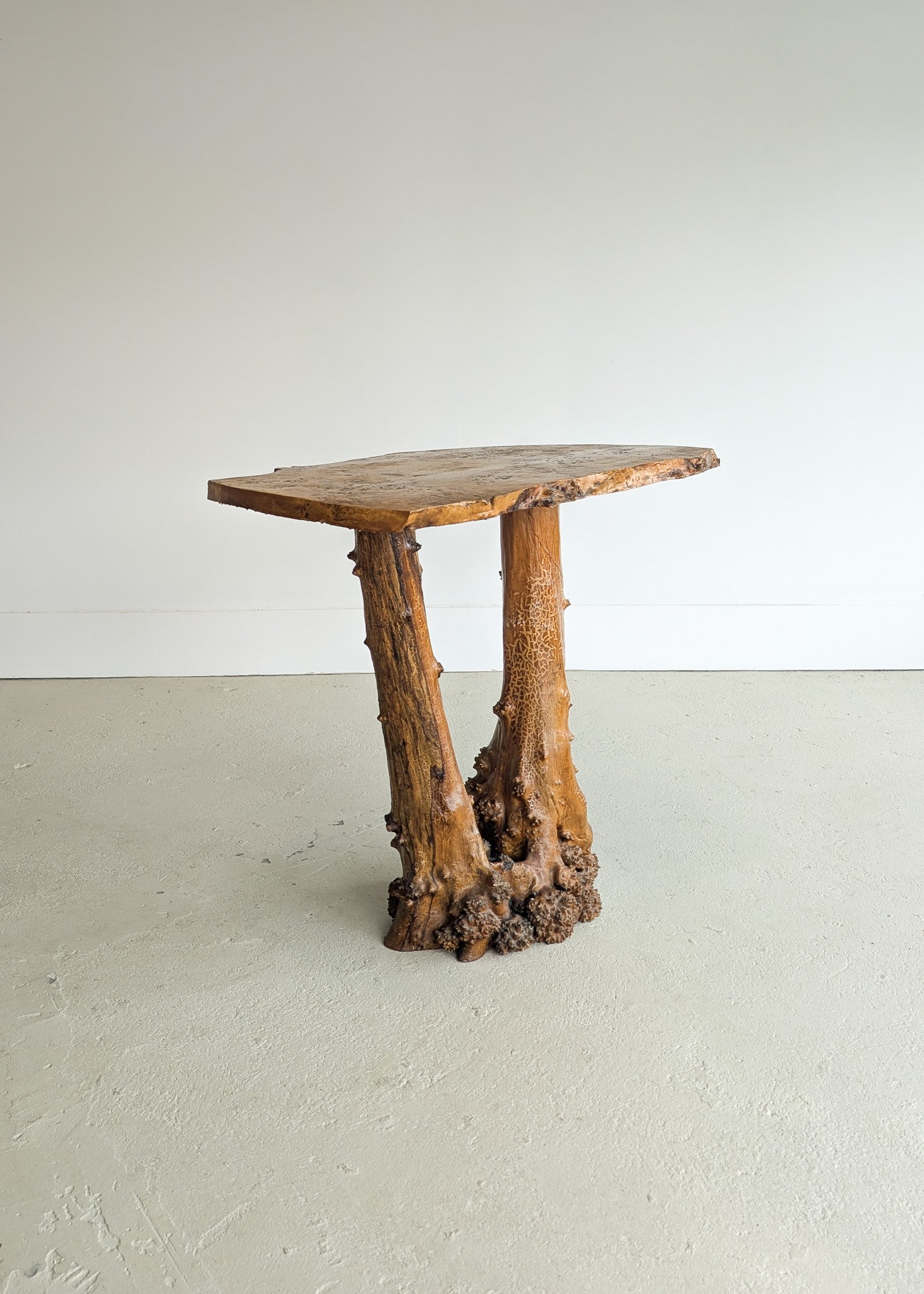 Vintage Burl Wood Console or Tall Side Table with Burl Root Base