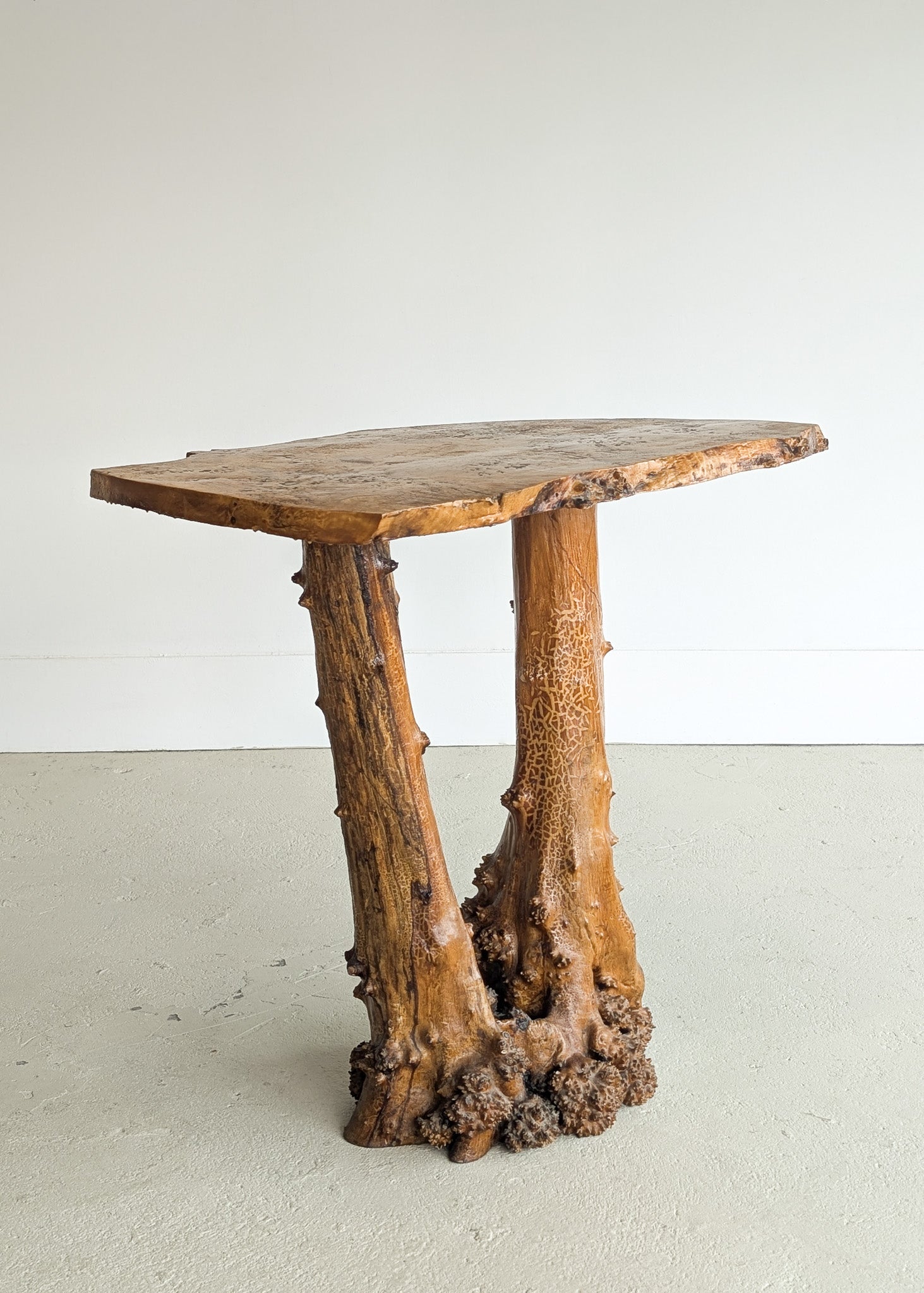 Vintage Burl Wood Console or Tall Side Table with Burl Root Base