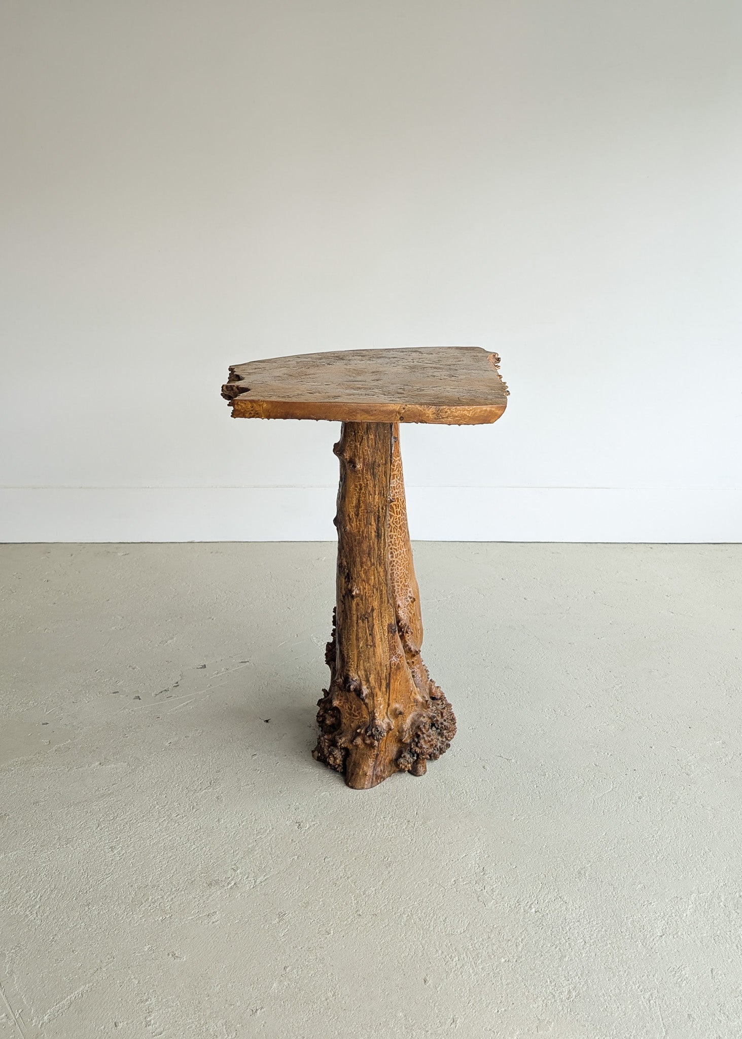 Vintage Burl Wood Console or Tall Side Table with Burl Root Base