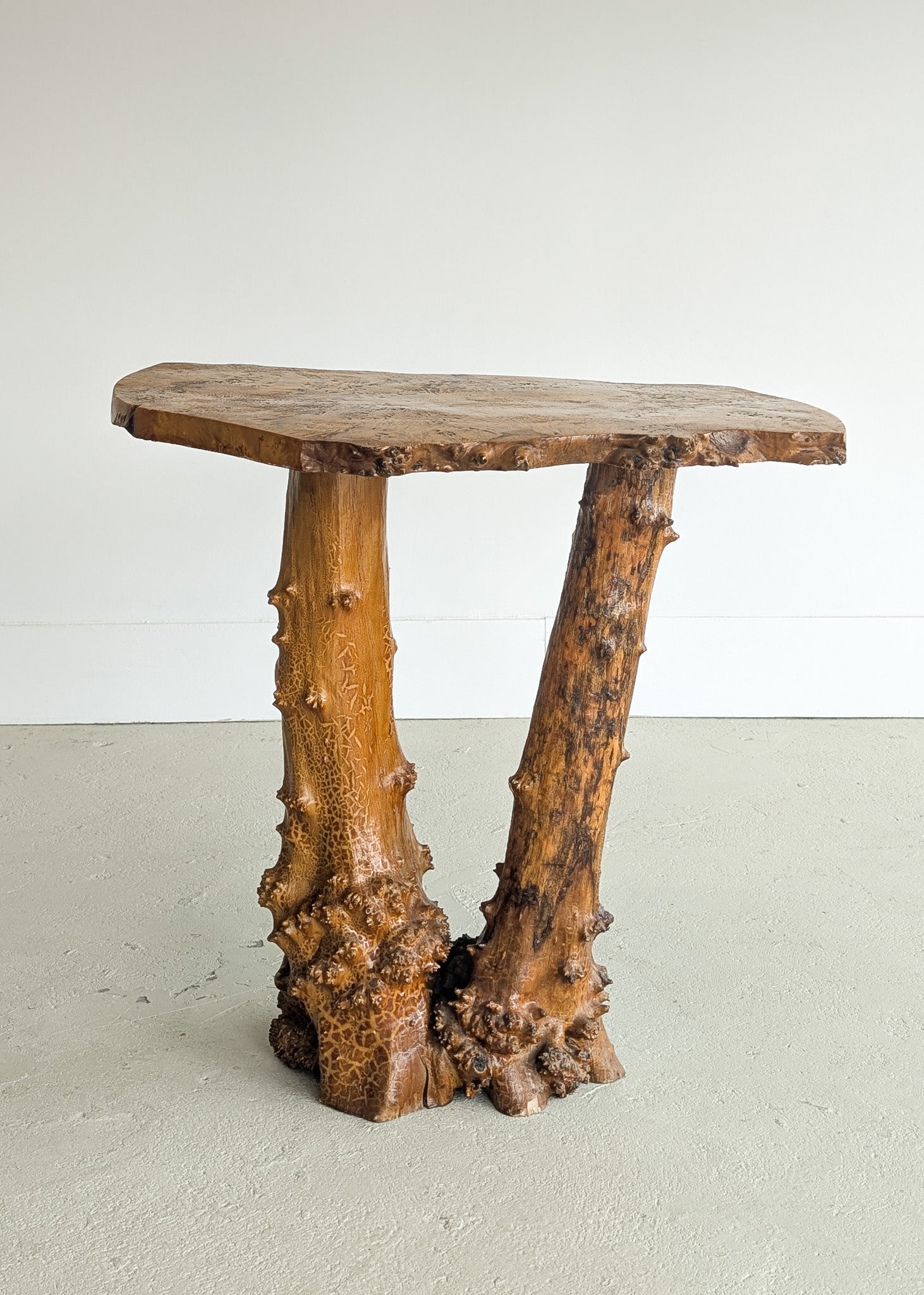 Vintage Burl Wood Console or Tall Side Table with Burl Root Base