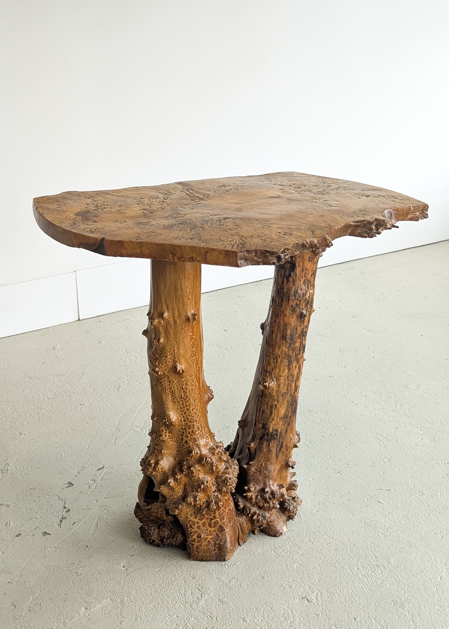 Vintage Burl Wood Console or Tall Side Table with Burl Root Base