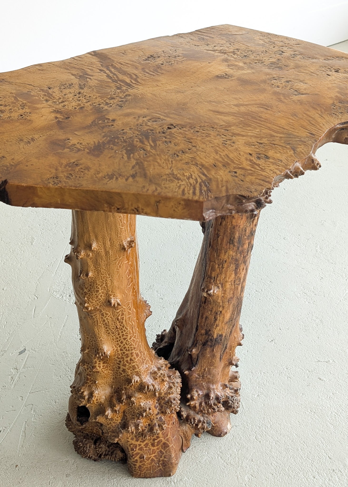 Vintage Burl Wood Console or Tall Side Table with Burl Root Base