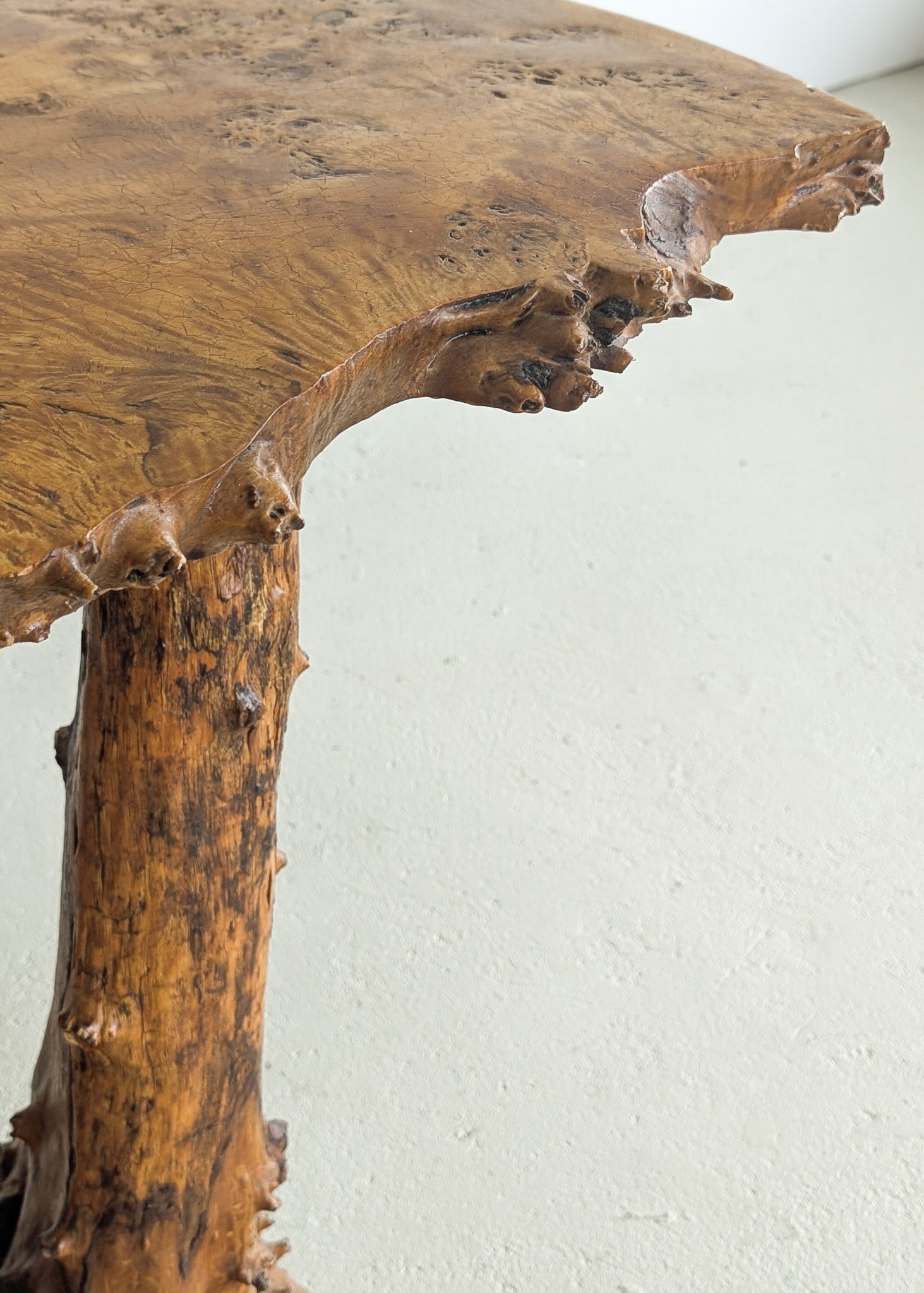 Vintage Burl Wood Console or Tall Side Table with Burl Root Base