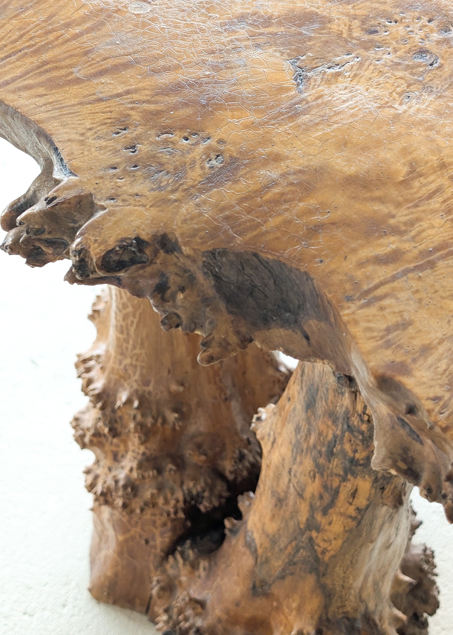 Vintage Burl Wood Console or Tall Side Table with Burl Root Base