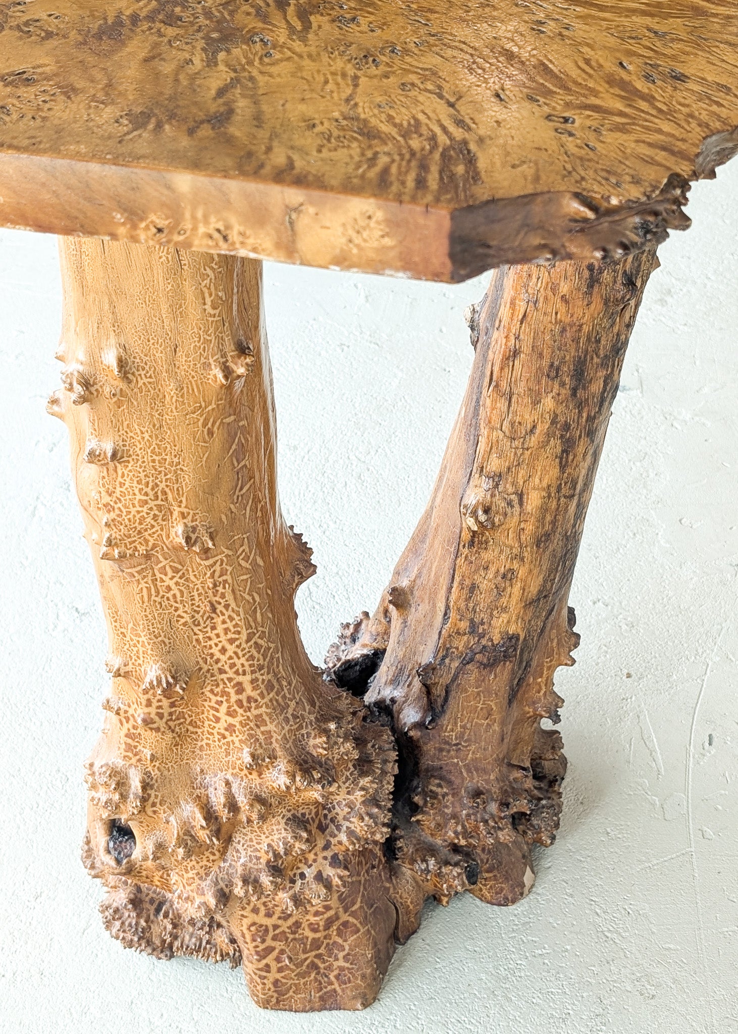 Vintage Burl Wood Console or Tall Side Table with Burl Root Base