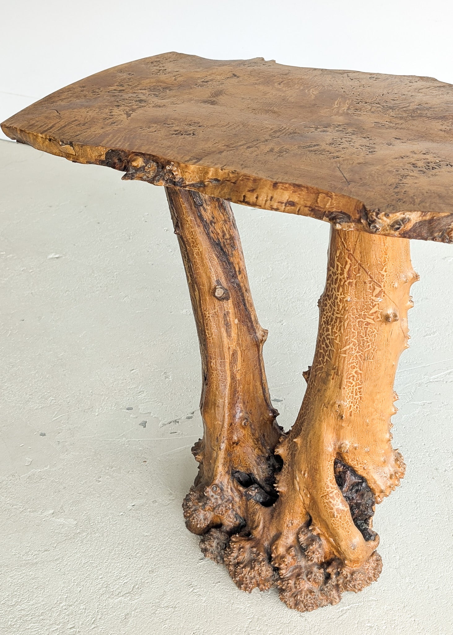 Vintage Burl Wood Console or Tall Side Table with Burl Root Base