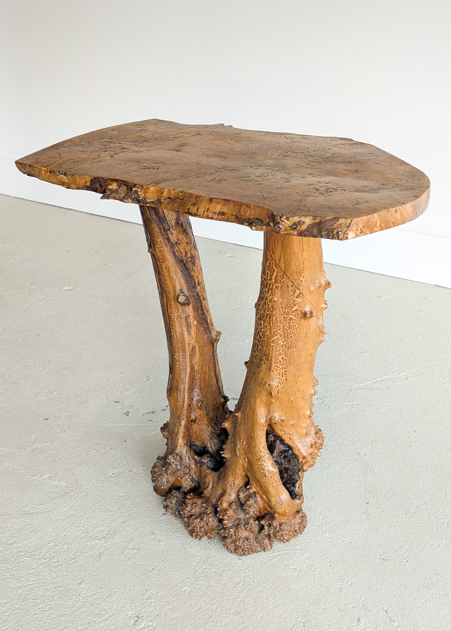 Vintage Burl Wood Console or Tall Side Table with Burl Root Base