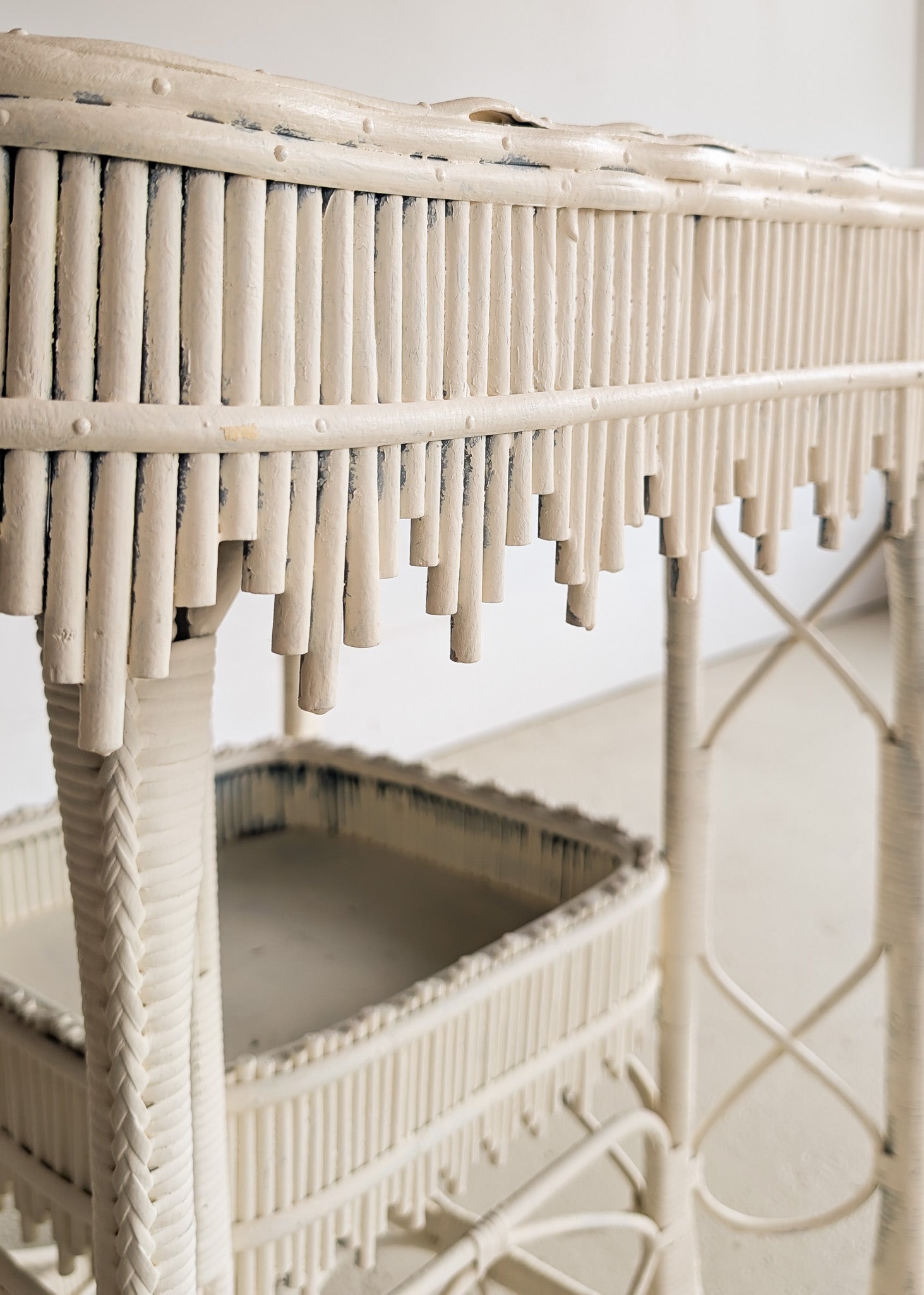 Antique Late 1800s Victorian Wakefield Rattan Company White Painted Rattan and Wicker Side or Breakfast Table