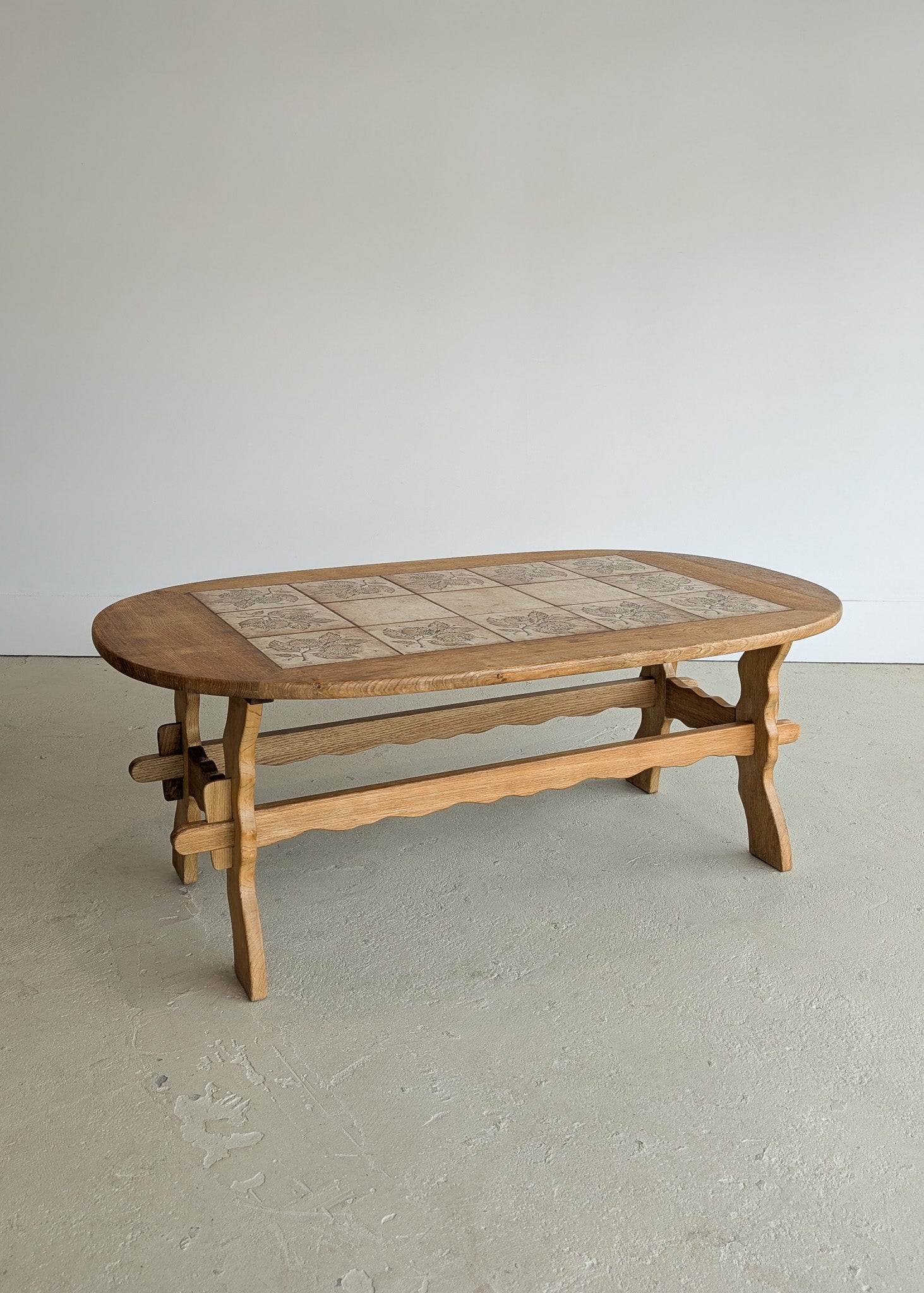 Large Vintage Danish Poul H. Poulsen-Style Quartersawn White Oak and Chestnut Ceramic Tile Coffee Table with Scalloped Stringers