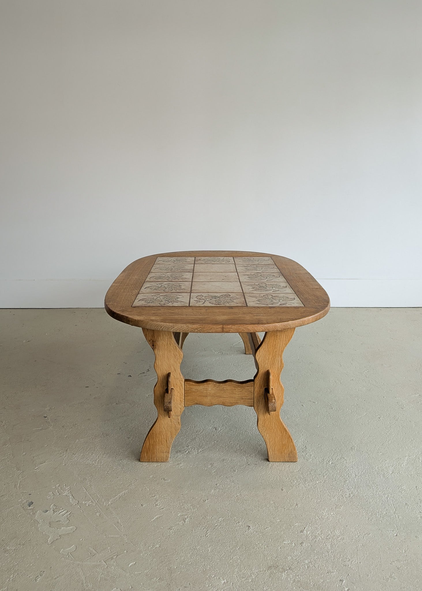 Large Vintage Danish Poul H. Poulsen-Style Quartersawn White Oak and Chestnut Ceramic Tile Coffee Table with Scalloped Stringers