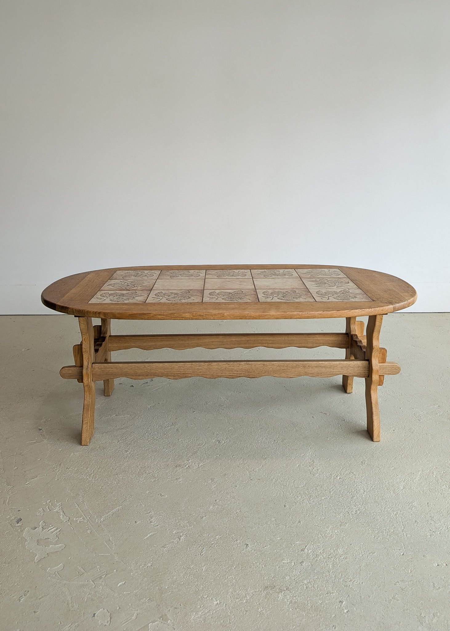 Large Vintage Danish Poul H. Poulsen-Style Quartersawn White Oak and Chestnut Ceramic Tile Coffee Table with Scalloped Stringers