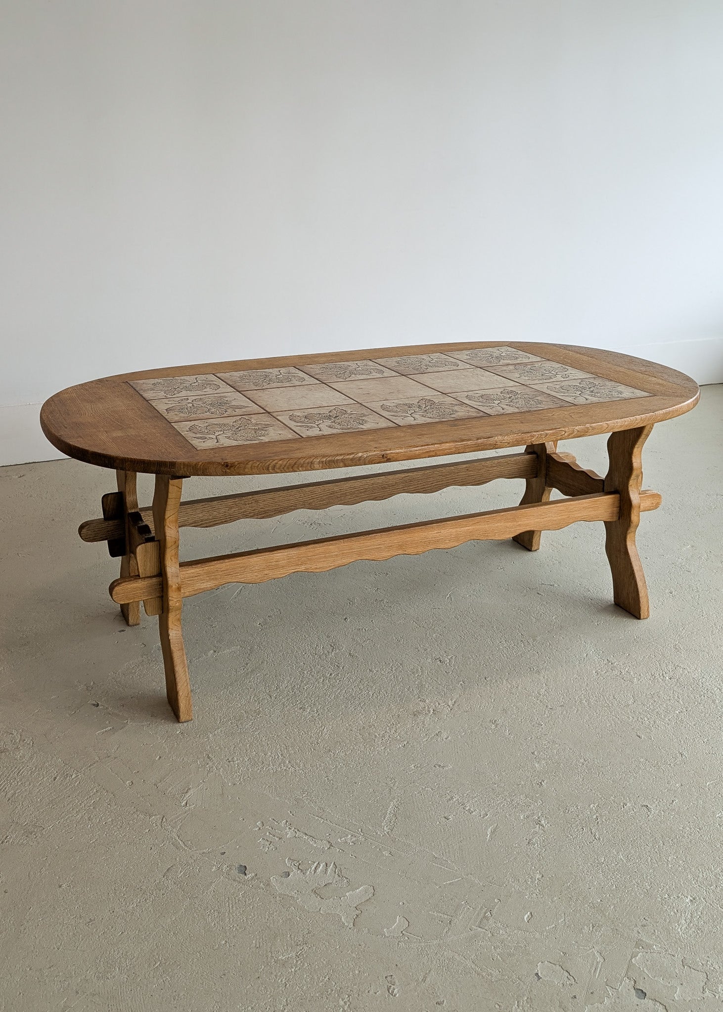 Large Vintage Danish Poul H. Poulsen-Style Quartersawn White Oak and Chestnut Ceramic Tile Coffee Table with Scalloped Stringers