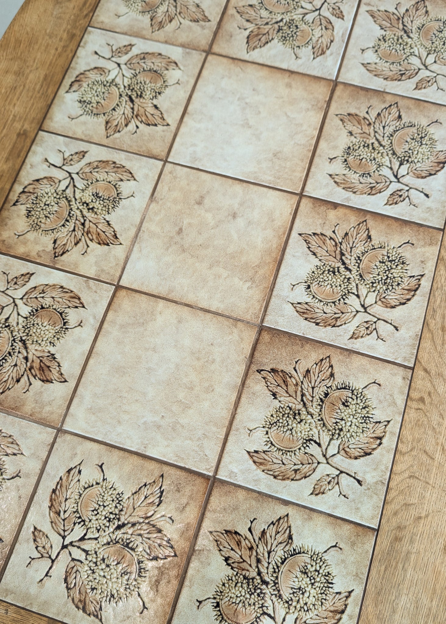 Large Vintage Danish Poul H. Poulsen-Style Quartersawn White Oak and Chestnut Ceramic Tile Coffee Table with Scalloped Stringers