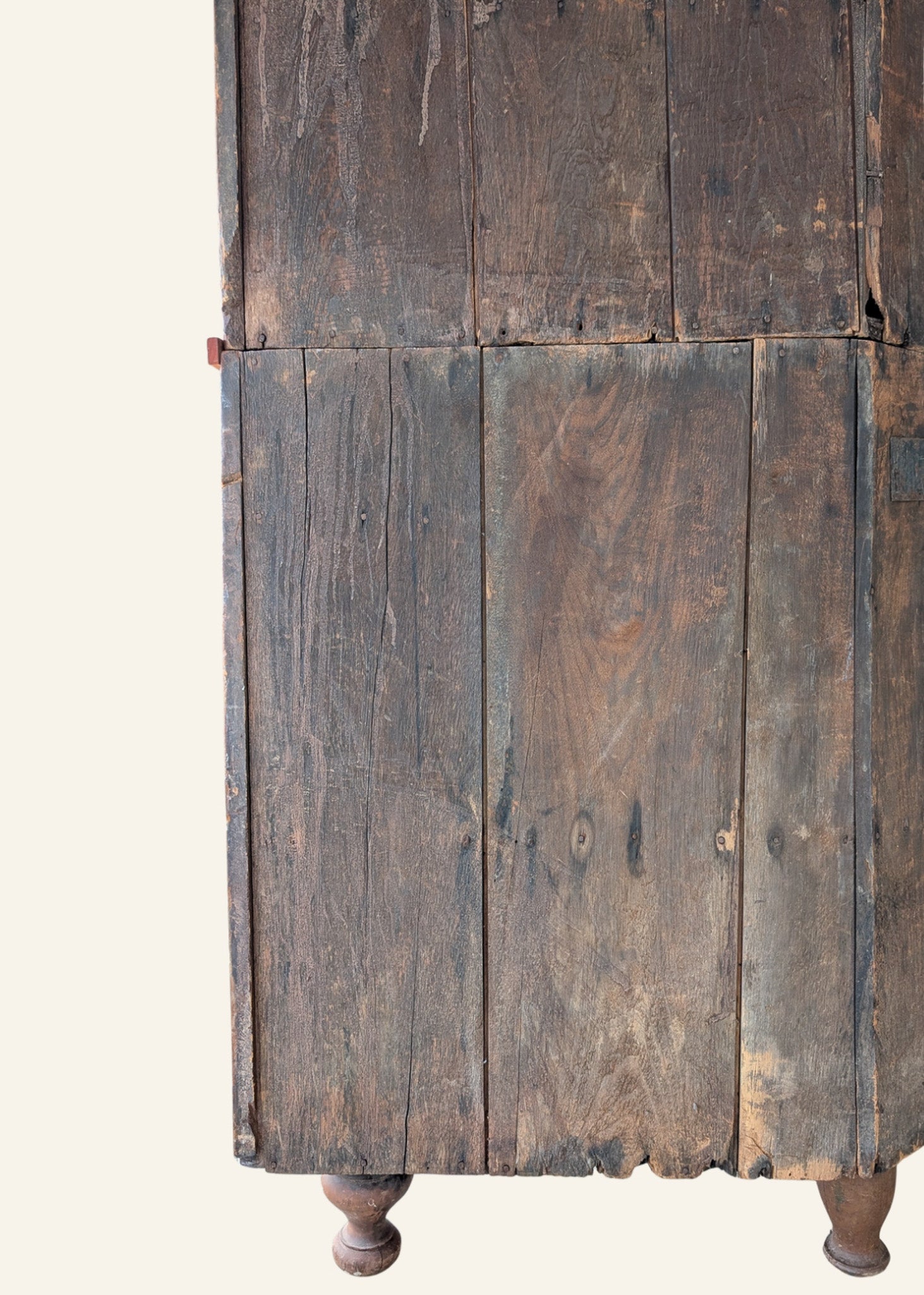 Antique 1790s Late 18th Century Early American Primitive Corner Cupboard with Original Red Milk Paint