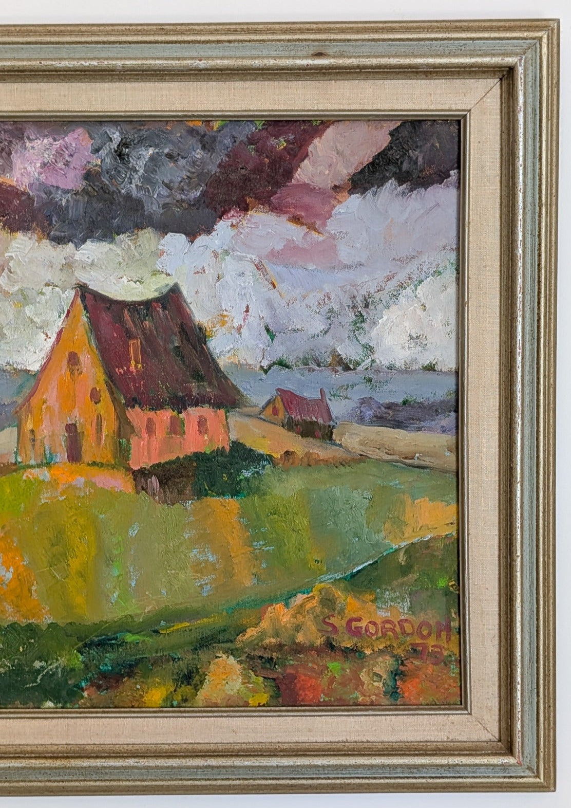 Vintage 1973 Signed Colorful Fauvism Impressionist Countryside Landscape Painting with Houses