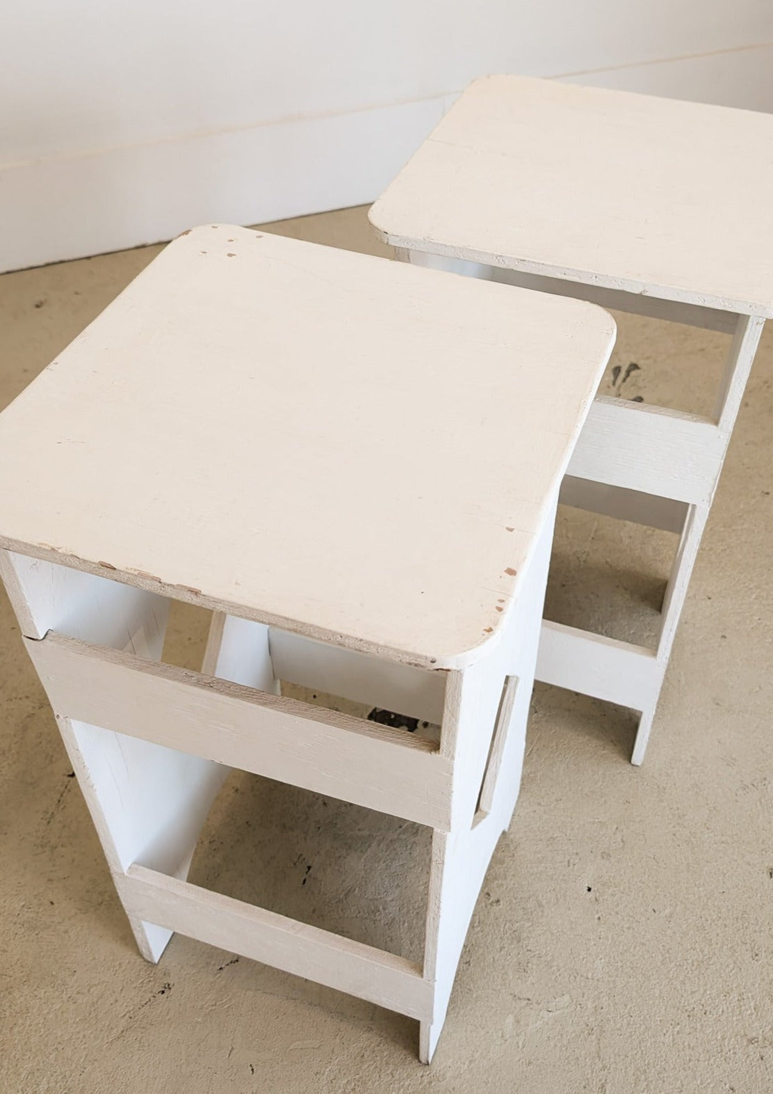 Pair of Primitive Folk Art-Style White Wooden Side Tables