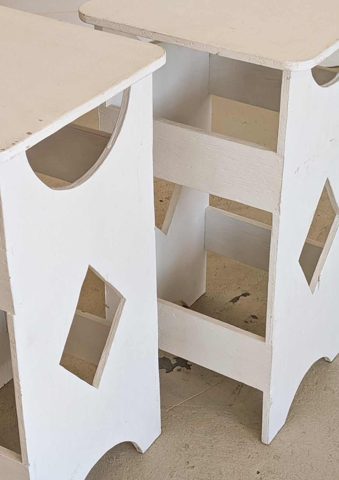 Pair of Primitive Folk Art-Style White Wooden Side Tables