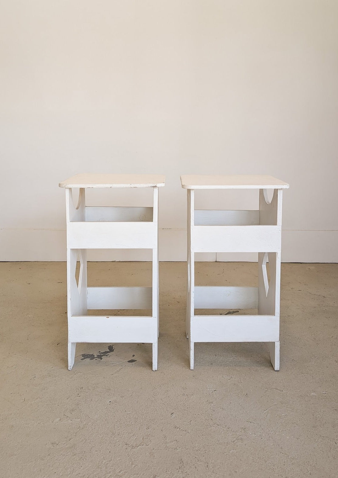 Pair of Primitive Folk Art-Style White Wooden Side Tables