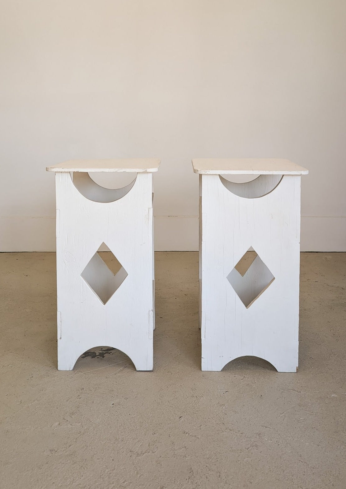 Pair of Primitive Folk Art-Style White Wooden Side Tables