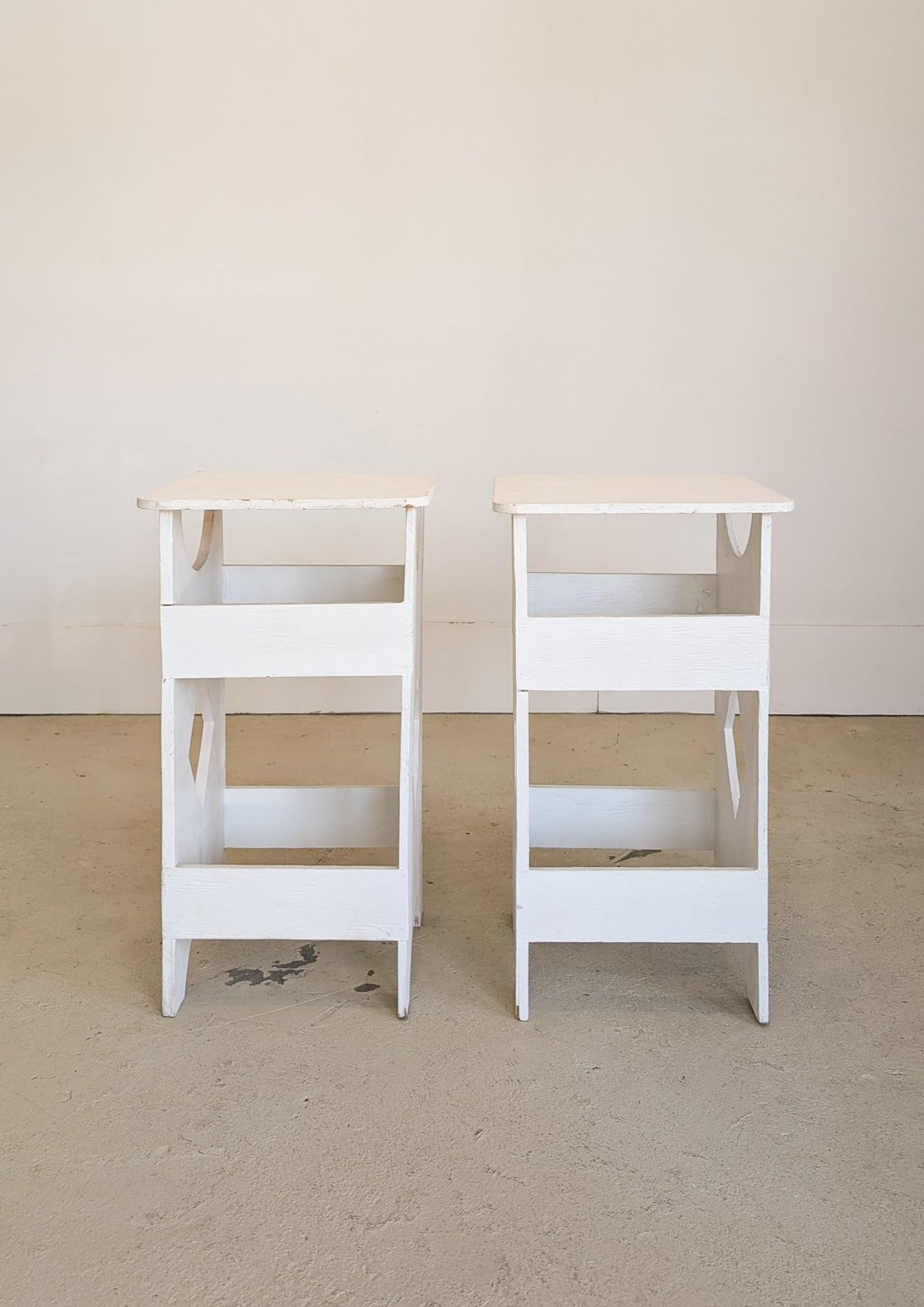 Pair of Primitive Folk Art-Style White Wooden Side Tables