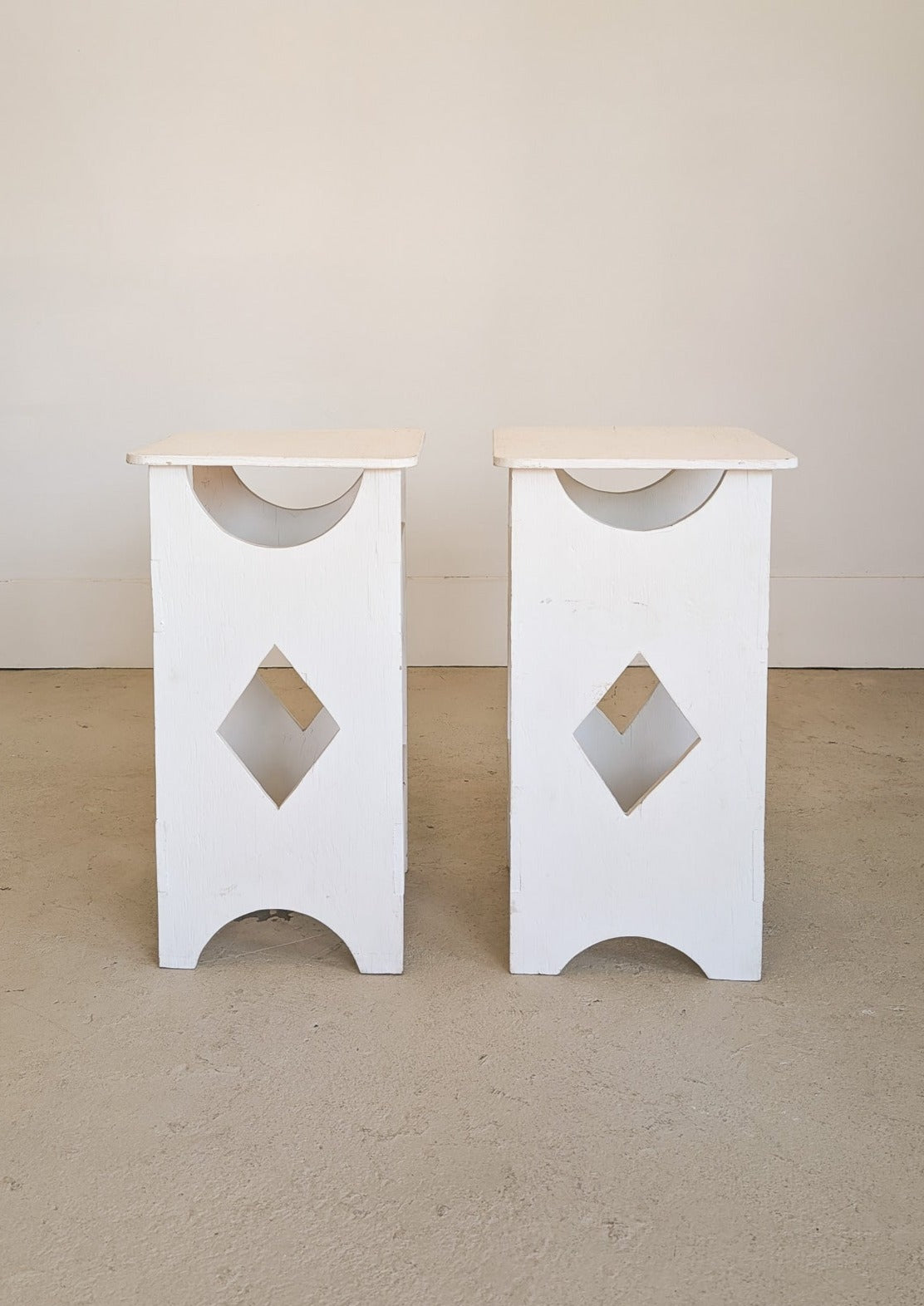 Pair of Primitive Folk Art-Style White Wooden Side Tables