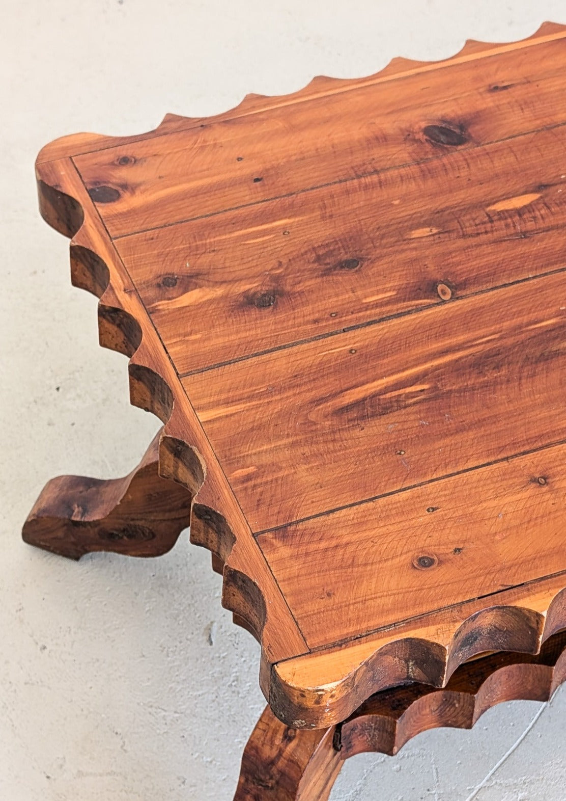 Vintage Handcrafted Brutalist Pine Coffee Table with Scallop Detailing