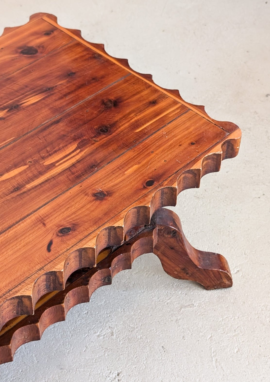 Vintage Handcrafted Brutalist Pine Coffee Table with Scallop Detailing