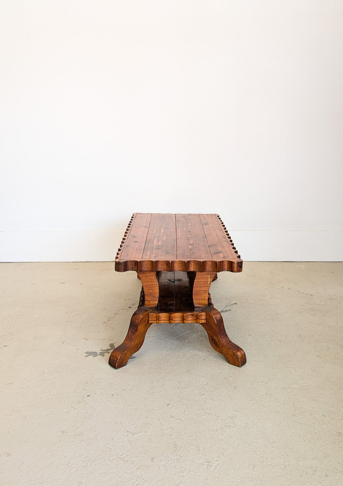 Vintage Handcrafted Brutalist Pine Coffee Table with Scallop Detailing