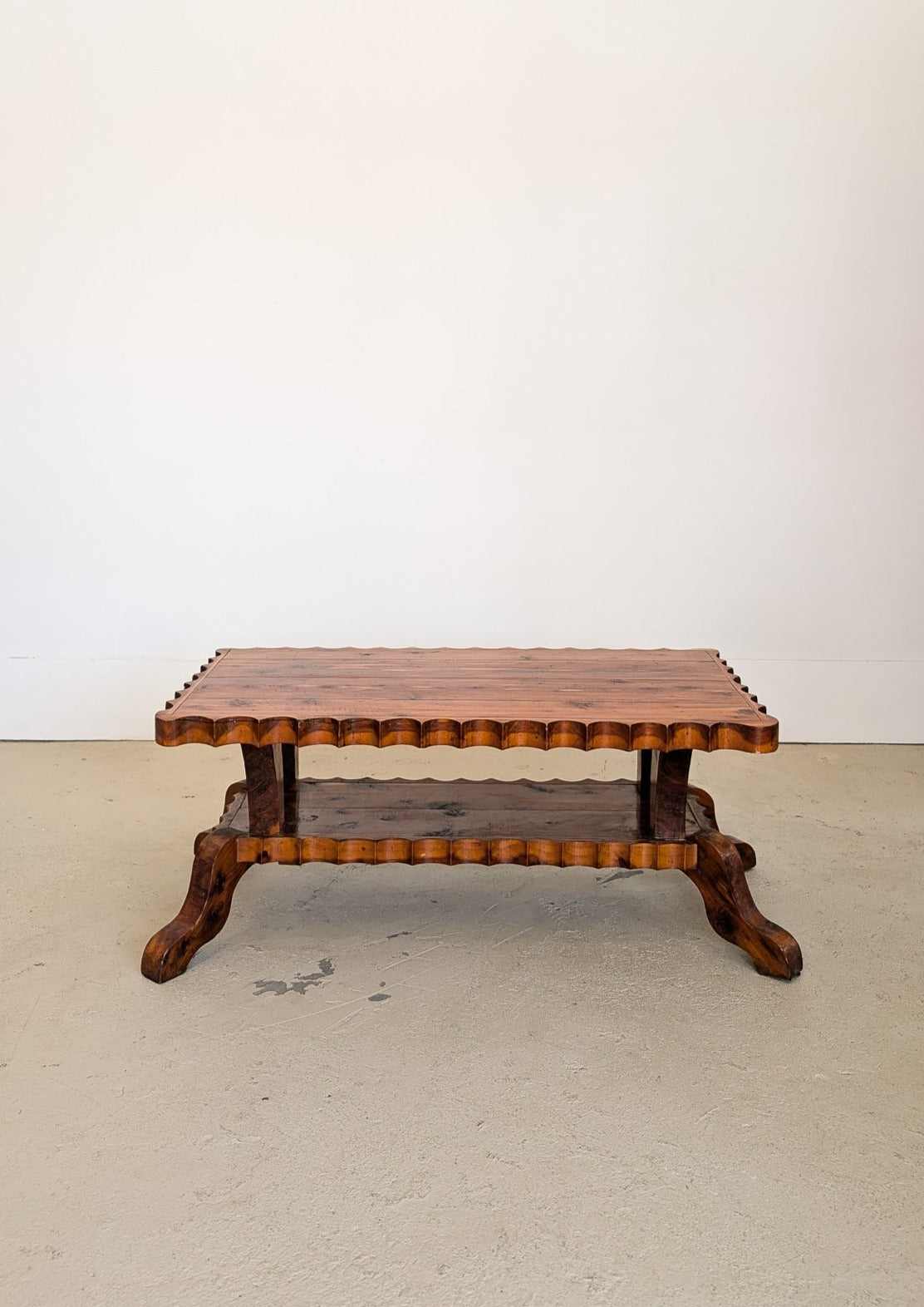 Vintage Handcrafted Brutalist Pine Coffee Table with Scallop Detailing