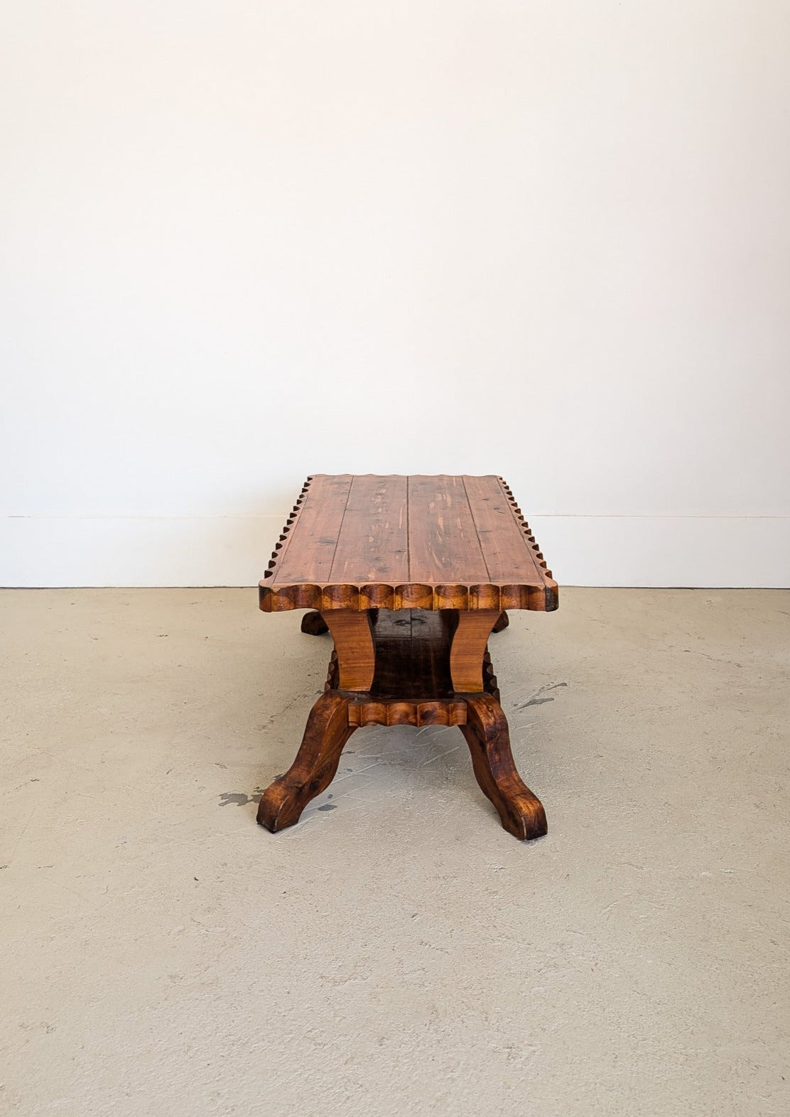 Vintage Handcrafted Brutalist Pine Coffee Table with Scallop Detailing