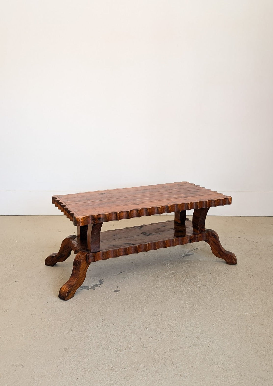 Vintage Handcrafted Brutalist Pine Coffee Table with Scallop Detailing