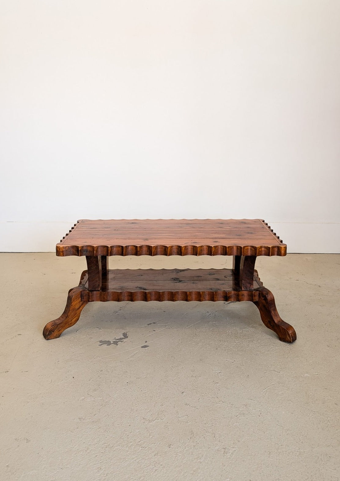 Vintage Handcrafted Brutalist Pine Coffee Table with Scallop Detailing