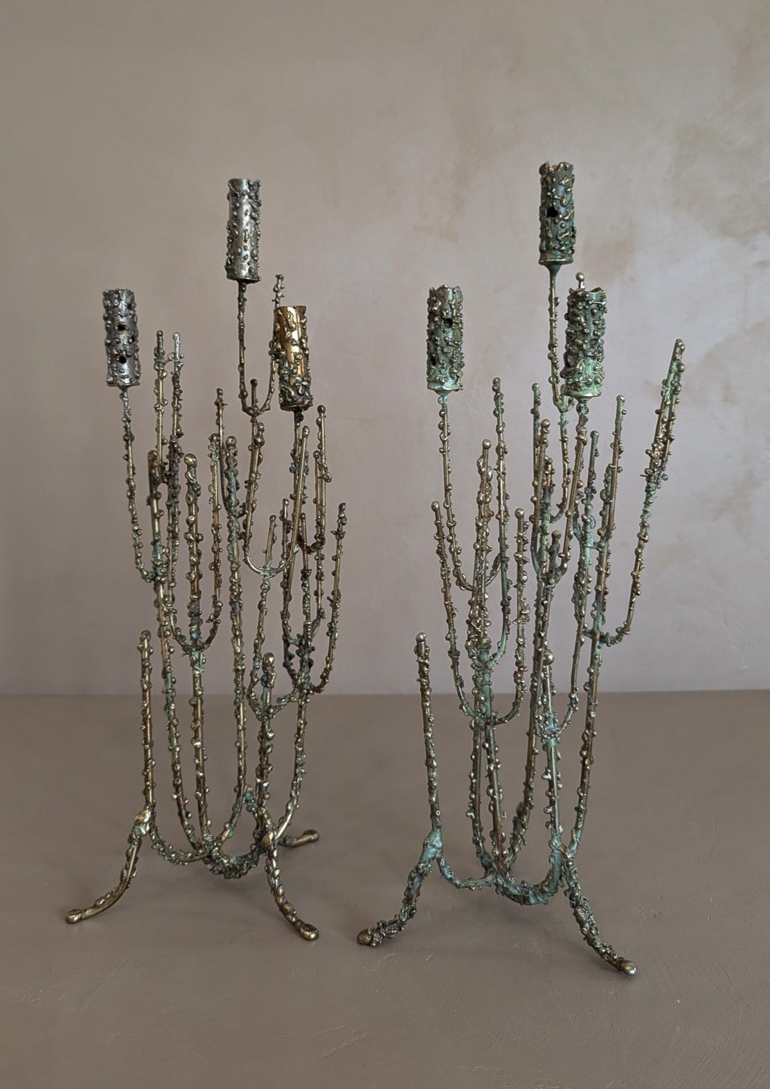 Rare 1967 Curtis Jeré Brutalist Candelabra with Faux Verdigris Finish