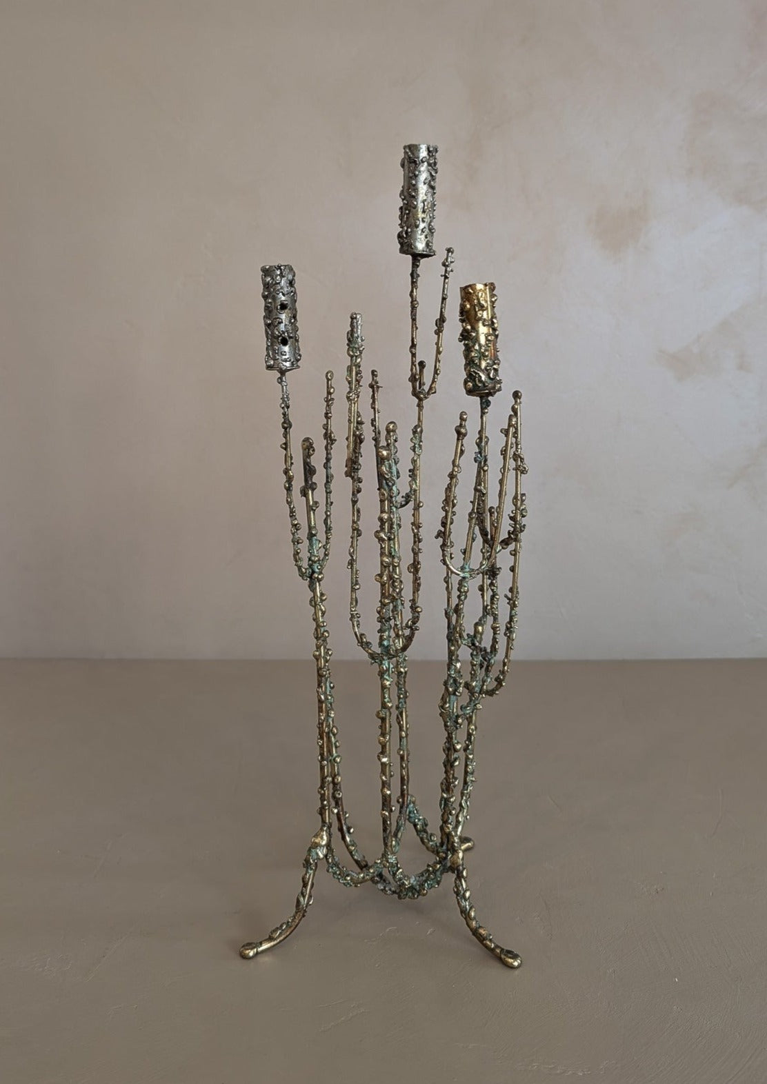 Rare 1967 Curtis Jeré Brutalist Candelabra with Faux Verdigris Finish